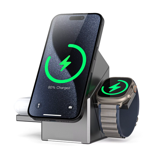 Incarcator Wireless Fast Charger 3 in 1 pentru telefon, casti, ceas, Argintiu